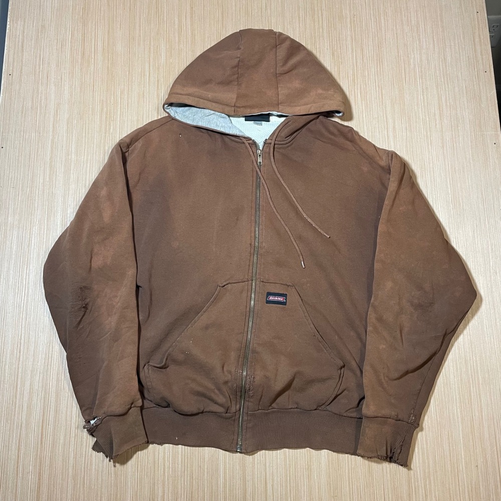 Dickies Zip Up Hoodie Mens Brown Distressed Thermal Lined Faded Workwear